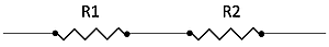 A circuit diagram with two resistors, labeled R sub 1 and R sub 2, connected in series along a straight line.