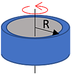 A blue hollow cylinder with a labeled radius (R), a rotation arrow above it, and dimensions depicted.