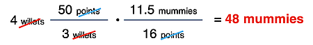 Factor label solution for a two-step conversion between two nonsense units for which equivalence statements are given.