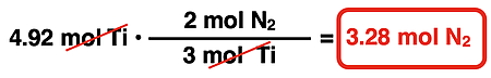 Shows the conversion factor solution - arrangement of factors with numbers, units, unit cancellation, and answer - for converting from moles of a reactant to moles of a second reactant.