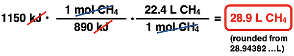 Factor label solution for converting from energy in kJ to liters of a gaseous reactant at STP.