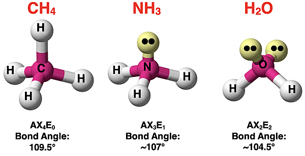 Ball-and-stick spatial models contrasting CH4, NH3, and H2O bond angles.