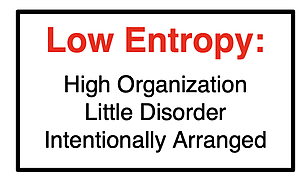 Low entropy: high organization, little disorder, intentionally arranged.