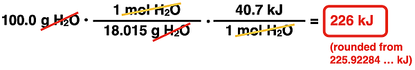 Factor label solution showing two conversion factors for determining the amount of heat required to vaporize100 g of water.