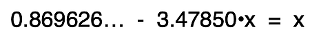 One algebraic step in the complete solution for the value of x using the equilibrium constant equation and the values and expressions from the equilibrium row of an ICE table.