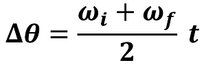 The equation for change in angular velocity given initial and final angular velocity and time. Delta Theta (Change in angular distance) equals the sum of Omega sub i (angular velocity initial) plus Omega sub f (angular velocity final) over 2 multiplied by t (time).