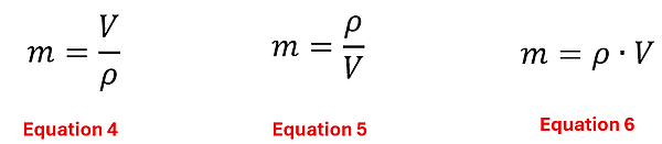 3 variations of the mass equation to pick from. Equation 4 is m = V over rho. Equation 5 is m = rho over V. Equation 6 is m = rho times V.