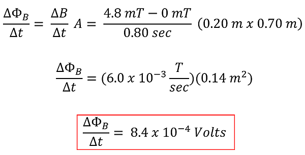 The equation to find the volt change. Since it goes from 0 to 4.8 millitesla over 0.8 seconds, the rate of change is 6 millitesla per second, multiplied the area of 0.2 meters times 0.7, we get 8.4 times 10 to the -4 power webers per second - Or volts.
