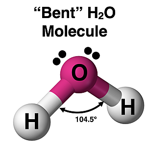 Ball-and-stick model of H20 with bond angles and lone pairs.