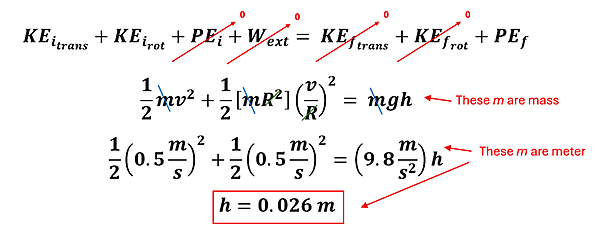 The equations and solutions for Example 4. There are 4 major steps. First we start with the Conservation of Energy in an Open system KE sub i-trans plus KE sub i-rot plus PE sub i plus W sub ext = KE sub f-trans + KE sub f-rot plus PE sub f. Next, we substitute the equations for each: KE translational 1/2 M v squared, KE rotational with 1/2 I omega squared, PE with m g h, and for external work we put 0 because the friction is neither slowing down the ring's translational motion nor slowing down rotation. The Final velocity and angular velocity are 0 so KE sub f-trans and KE sub f-rot are both 0, and the initial height of the ring is 0 so PE sub i is also 0. Next, we replace omega (angular velocity) with v / r (since velocity = radius times angular velocity - a linking equation). The mass values will cancel out on both sides, and we plug in velocity of 0.5 meters per second and solve for h, which is 0.026 meters.