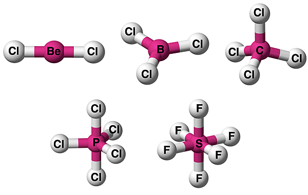 Ball-and-stick models for five molecules having different molecular shapes.