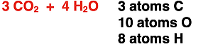 Count of the number of atoms of C and O in the formulae 3 CO2 + 4 H2O.