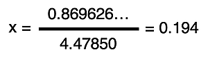 Final algebraic step in the complete solution for the value of x using the equilibrium constant equation and the values and expressions from the equilibrium row of an ICE table.
