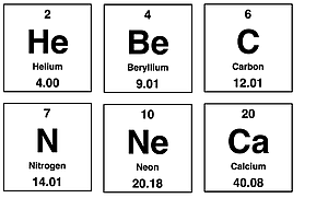 Periodic table cells displaying molar mass of He, Be, C, N, Ne, and Ca.