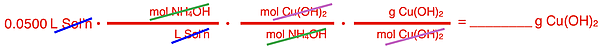 Factor label set-up showing the arrangement of conversion factors and the cancellation of units for converting from the volume of an aqueous-state reactant and the mass of a product.