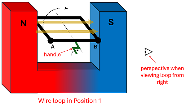 Horseshow magnet with North on left, South on right, opening facing up, with a square loop of wire in between them (with the area parallel with the magnetic field going left to right) being rotated clockwise about it's center. An eye is placed to the right viewing the loop, and the text