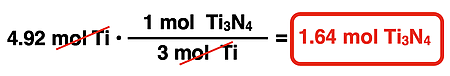 Shows the conversion factor solution - arrangement of factors with numbers, units, unit cancellation, and answer - for converting from moles of a reactant to moles of a product.