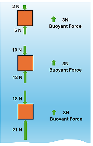 An illustration of the same wooden block at 3 depths in water. Each block has a force arrow on the top and a force arrow on the bottom, with the Newton force values. The first block shows a 2 newton force on top, and 5 newton on the bottom, and next the result is an upwards 3 newton buoyant force. The next block shows a 10 newton force down and 13 up, again with a 3 newton buoyant force upwards. The last one shows an 18 newton force down and a 21 newton force up, again with 3 newton buoyant force. This shows the depth doesn't matter in calculating an object's buoyant force.