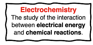 Definition of electrochemistry as the study of the interaction between electrical energy and chemical reactions.