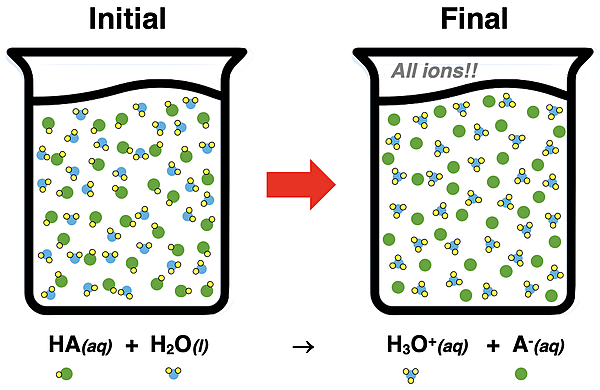 Particle diagram of a strong acid showing solution composed of dissociated ions.