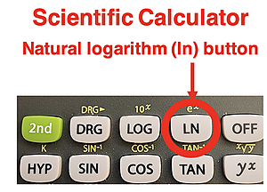 Annotated photo of scientific calculator and the location of the natural logarithm (ln) button.