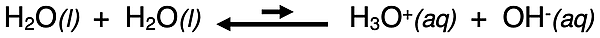 Water's self-ionization equation with reversible reaction arrow.