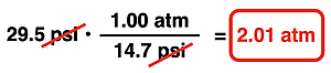 Factor label solution for a 1-step conversion from 29.5 psi to atm; unit cancellation, appropriate numbers, and answer are shown.