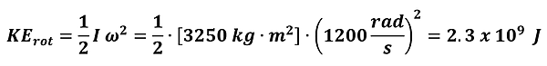 Kinetic Energy of rotation = 1/2 I omega squared. The values for these are plugged in and solved. 1/2 times 3250 kg meters squared times 1200 rad per second squared = 2.3 times 10 to the 9th power joules.