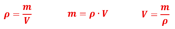 3 Equations derived from the Density Equation to solve for density, mass, or volume. Rho = m over V. M = rho times V. V = m over Rho.