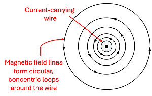 A diagram showing a current carrying wire in the center with counter clockwise magnetic field lines forming a circular, concentric loops around the wire.
