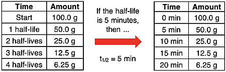 Data table showing the mass of a radioactive sample that remains as a function of time.