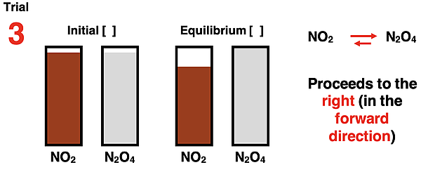 Bar charts showing initial reactant and product concentrations and equilibrium reactant and product concentrations for the 2 NO2 N2O4 system.