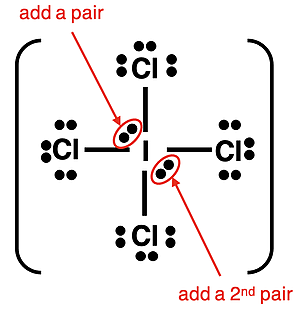 Lewis electron dot diagram for ICl4- ion showing the 12 valence electrons on the central atom.