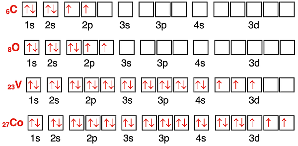 Four examples of orbital box diagrams for elements.